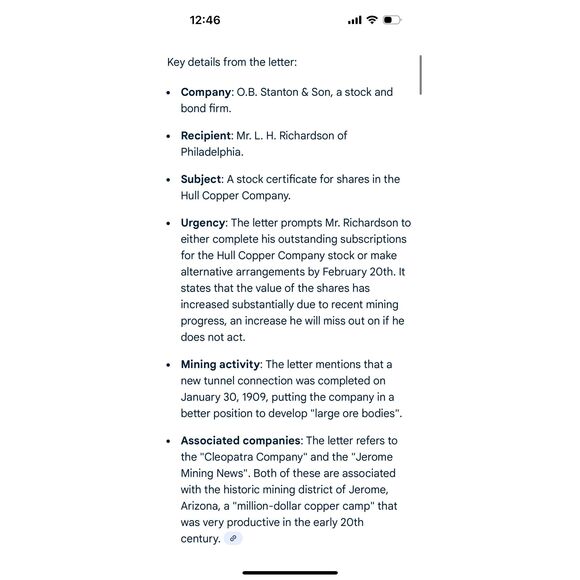 1909 & 1916 Hull Copper Co. Arizona Mining Stock Ephemera – Jerome AZ History - Picture 9 of 10